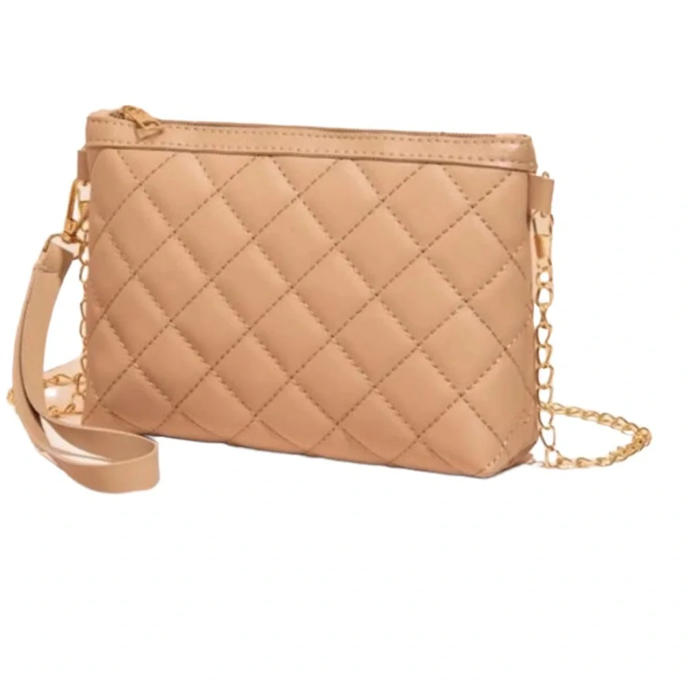 Khaki Quilted Crossbody Purse with Removable Gold Chain